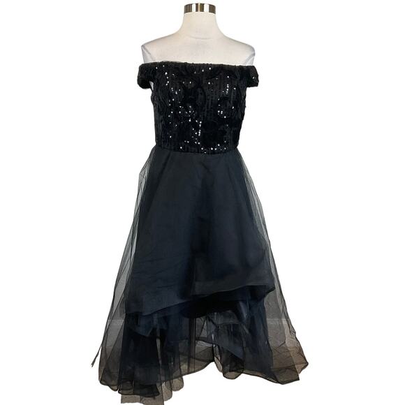 Adrianna Papell Women's Cocktail Dress Size 6 Black Sequined Velvet High Low Hem - Picture 1 of 14